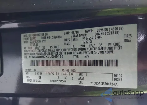 2018 Ford Escape Sel из США, поврежденный, VIN 1FMCU0HDXJUD49195